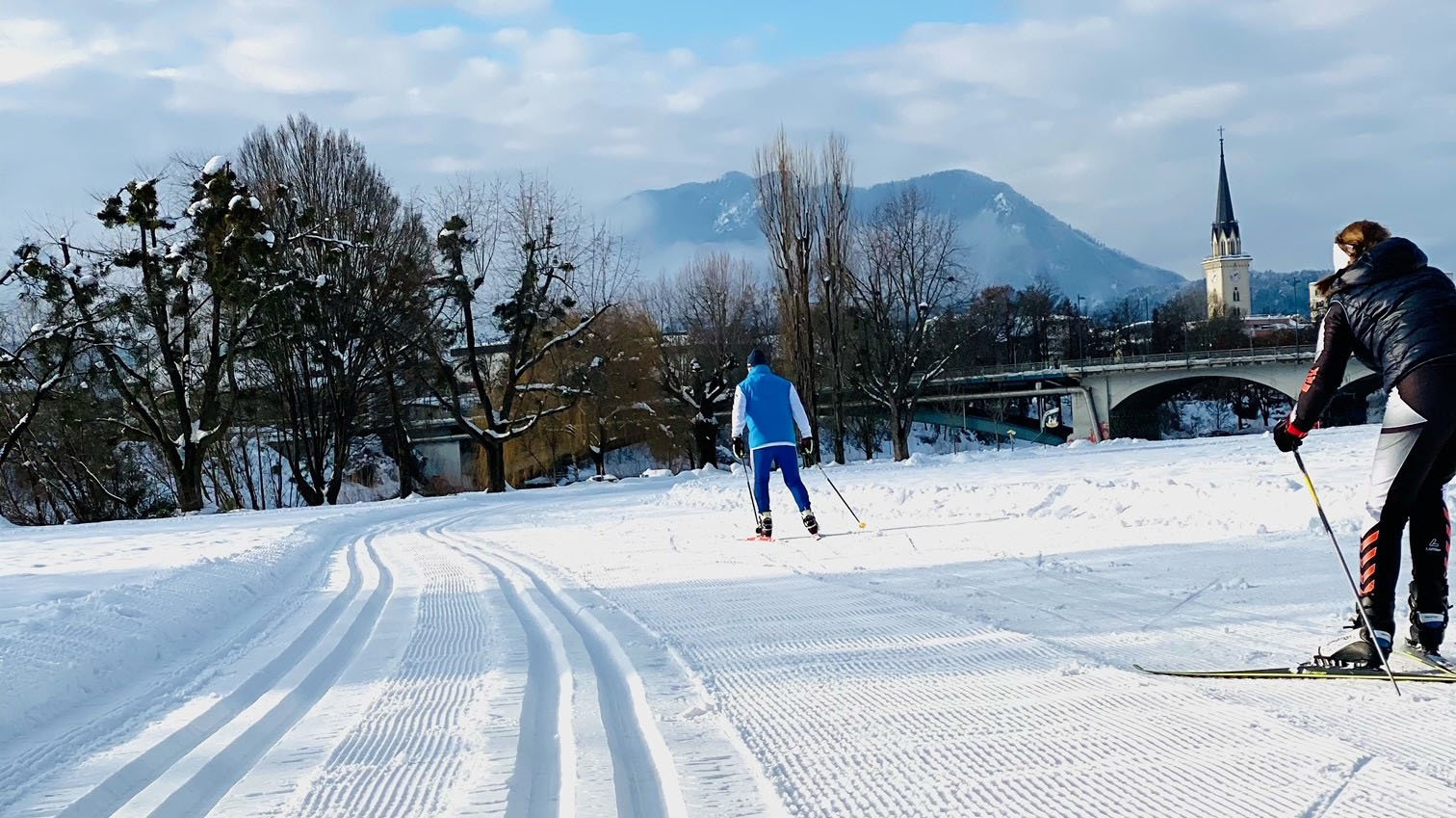 Cross-country ski tracks in an urban area