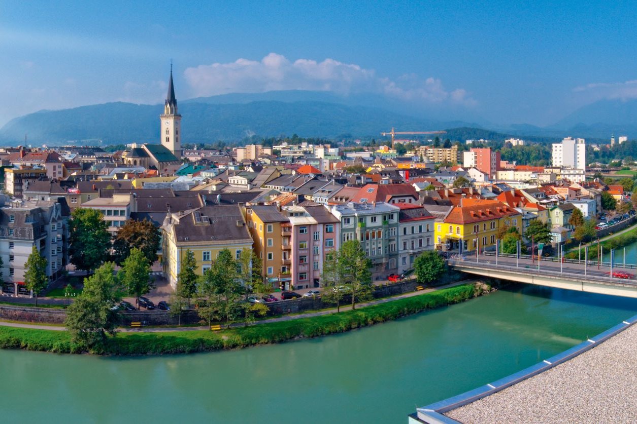 Panorama of Villach with the river Drau