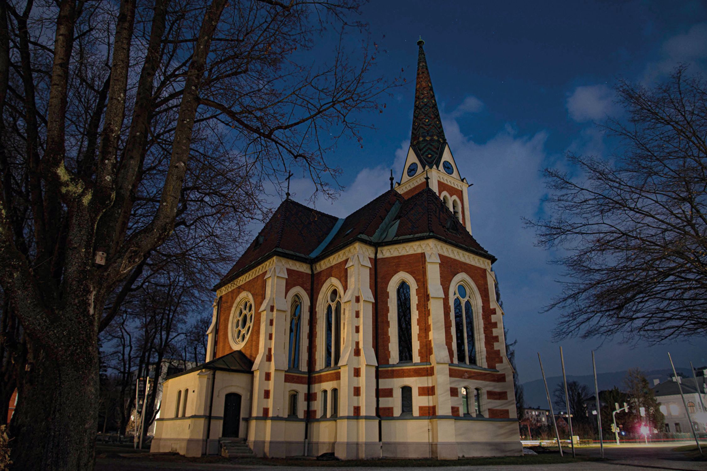 Church in the city park at night